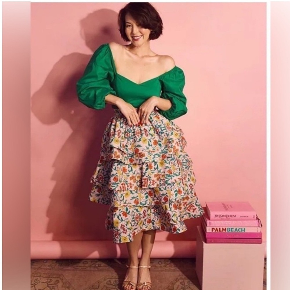 BURU Teagan Tiered Ruffle Floral Midi‎ Skirt Women M Pink Botanical Cottagecore